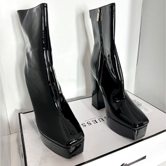 GUESS Womens Black 1-1/2" Platform Logo Byra  Toe Block Heel Booties shoes 10 M - Picture 6 of 11